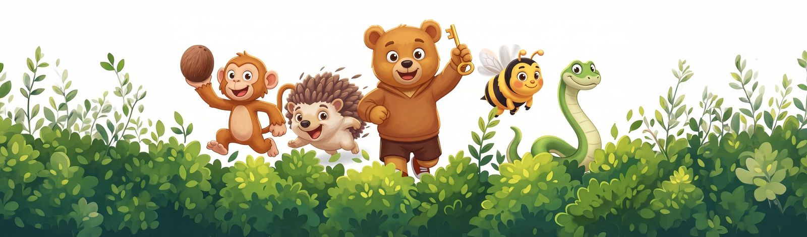The bear from BrambleWorld running with a golden key, followed by a monkey, a hedgehog, a bee and a snake over a hedge.