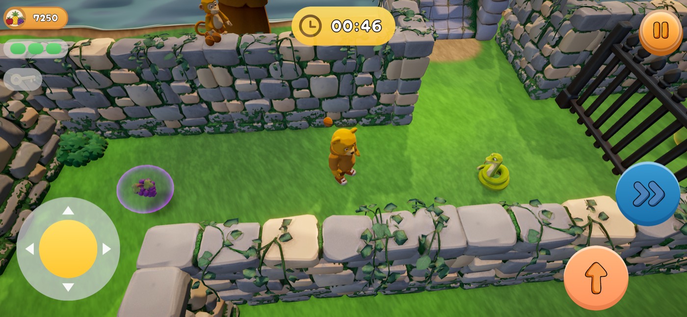 The bear in a stone maze covered in ivy, a monkey on the wall above and a snake ahead on the grass.