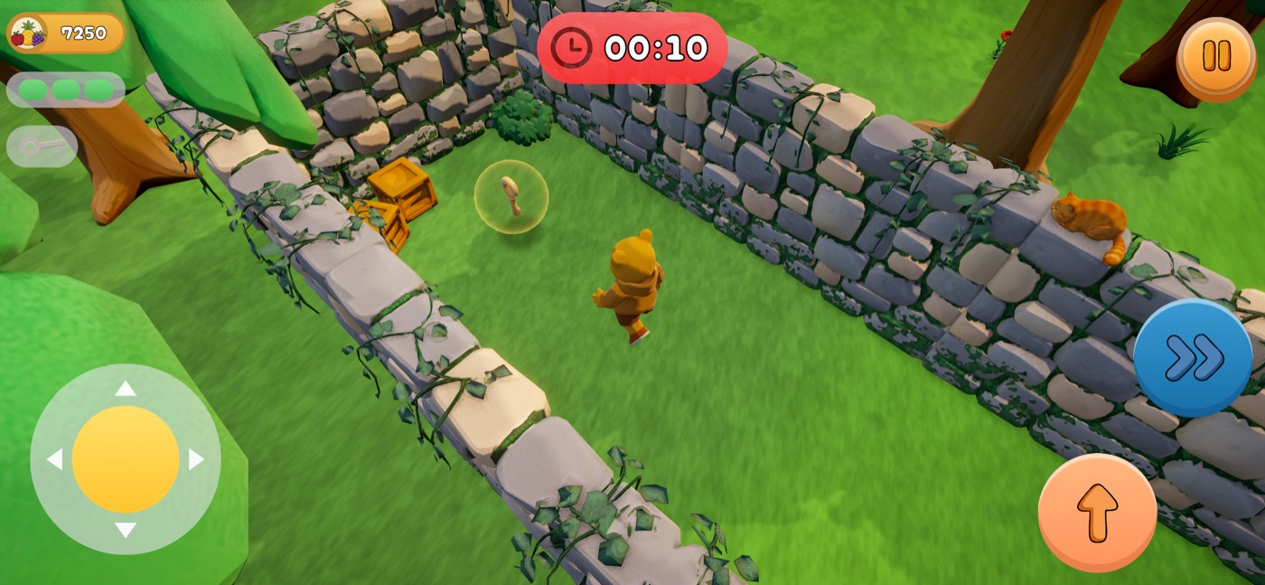 The bear running beside a low stone wall with a cat asleep on top, ten seconds left on the clock.