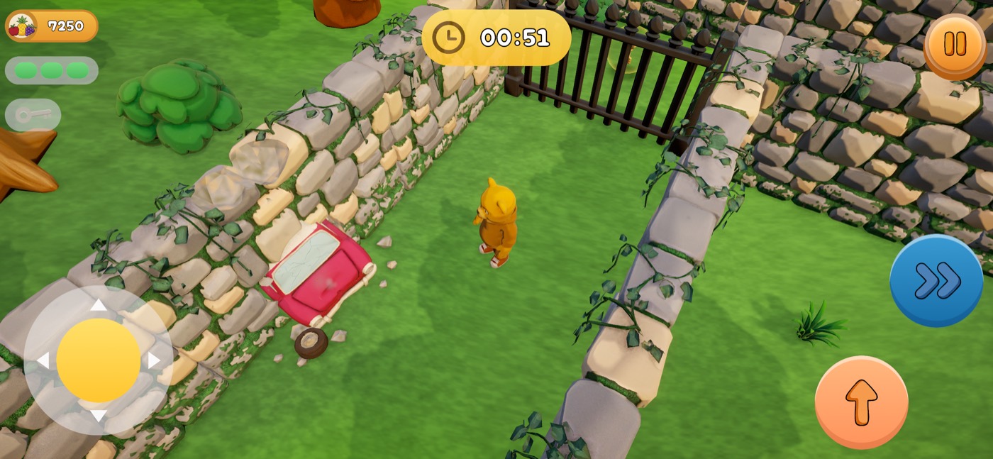 The bear in a grassy corridor next to a crashed red car and an iron gate.