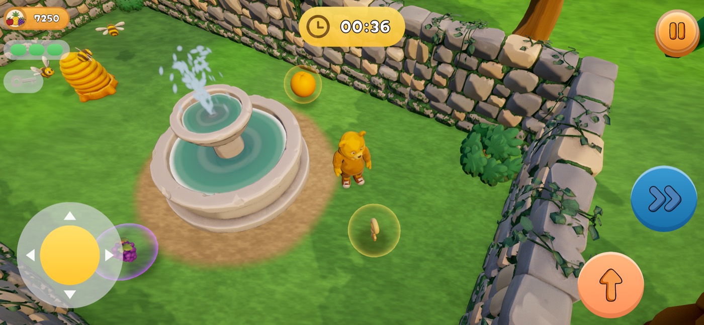 The bear beside a stone fountain, with an orange and a beehive nearby.
